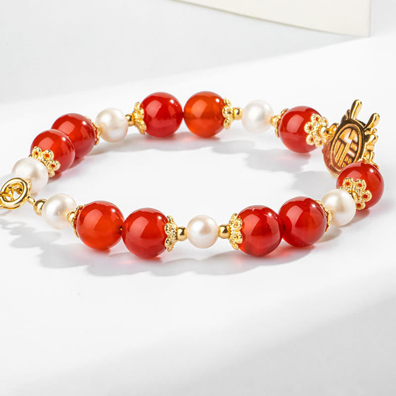 Mythstone 14K Gold Plated Year Of The Dragon Natural Red Agate Pearl Protection Fu Character Chain Bracelet