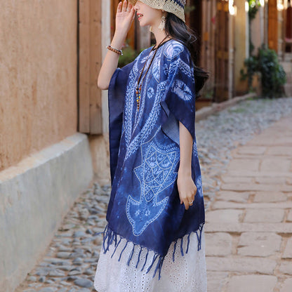 Mythstone Blue Geometry Batik Shawl Tassels Cozy Travel Pullover 90*95cm