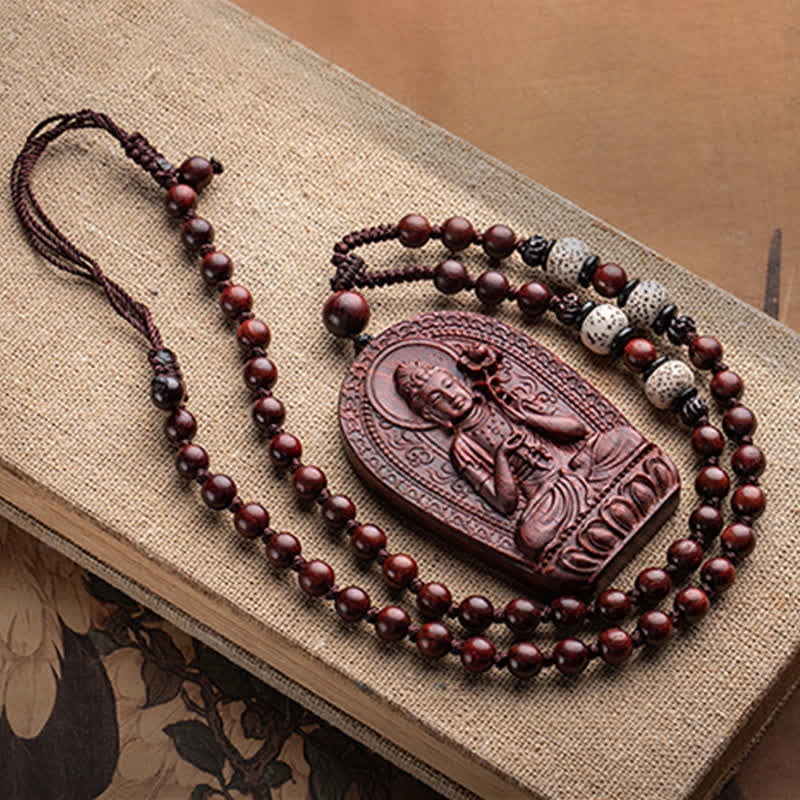 Mythstone Chinese Zodiac Natal Buddha Small Leaf Red Sandalwood Lotus Protection Necklace Pendant