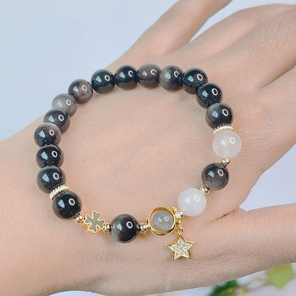 Pulsera de protección con forma de corazón, estrella y flor de obsidiana con brillo de plata natural Mythstone