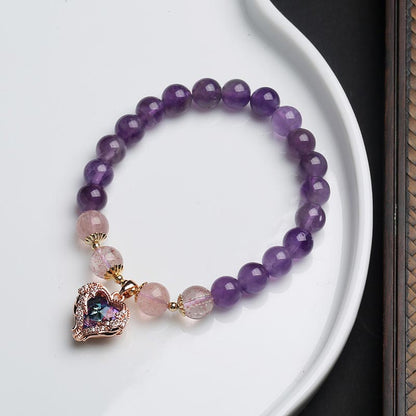 Mythstone Natural Amethyst Strawberry Quartz Crystal Fortune Bracelet