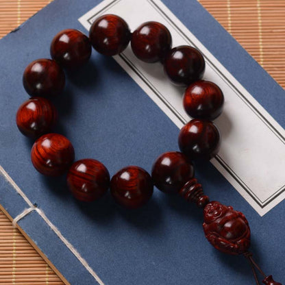 Mythstone Small Leaf Red Sandalwood Laughing Buddha God of Wealth Protection Bracelet