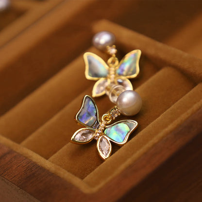 Mythstone 18K Gold Plated Copper Natural Shell Pearl Butterfly Sincerity Stud Earrings