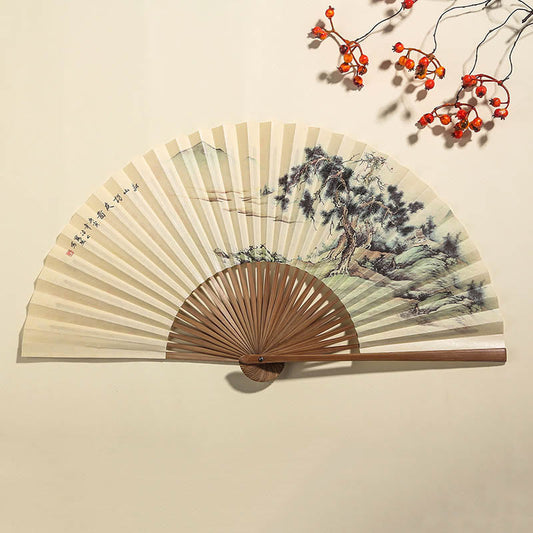 Mythstone Pine Tree Garden Peony Handheld Paper Bamboo Folding Fan 26cm