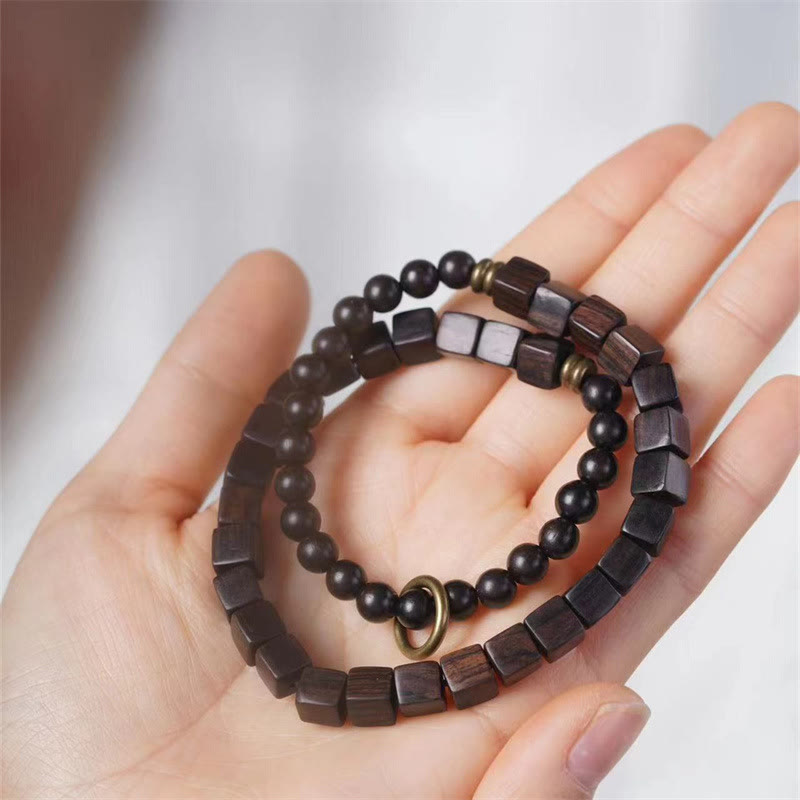 Mythstone Tibet Ebony Wood Square Beads Peace Double Wrap Bracelet