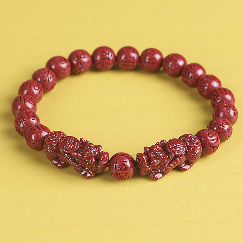 Mythstone Natural Double PiXiu Cinnabar Om Mani Padme Hum Wealth Luck Bead Bracelet