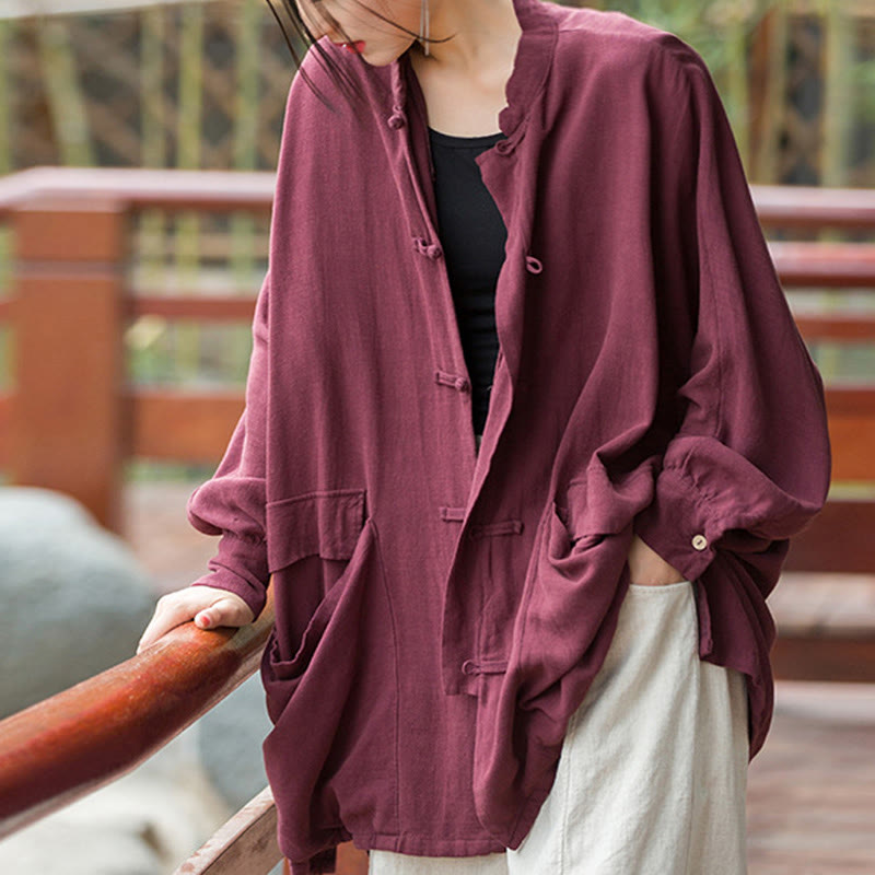 Mythstone Frog-Button Long Sleeve Zen Meditation Open Front Jacket With Pockets