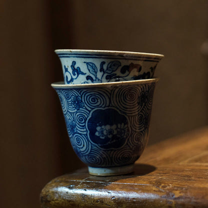 Mythstone Jingdezhen Blue and White Porcelain Hand Painted Lotus Plum Blossom Ceramic Teacup Kung Fu Tea Cups