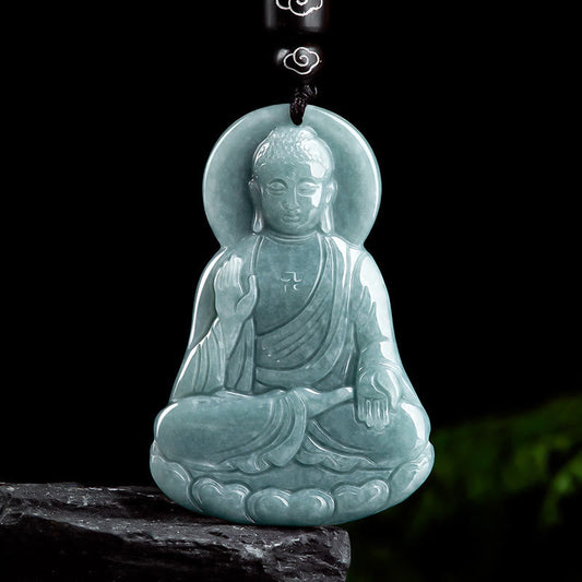 Mythstone Amitabha Buddha Natural Jade Lotus Amulet Compassion String Necklace Pendant