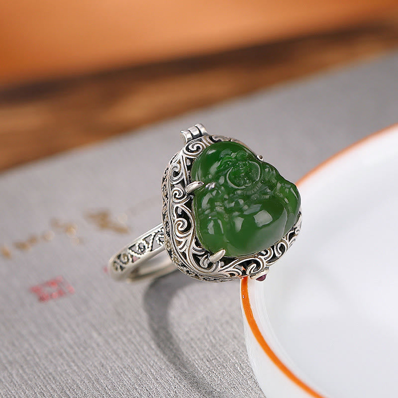 Mythstone 925 Sterling Silver Natural Hetian Cyan Jade Laughing Buddha Auspicious Clouds Success Necklace Pendant Ring Set