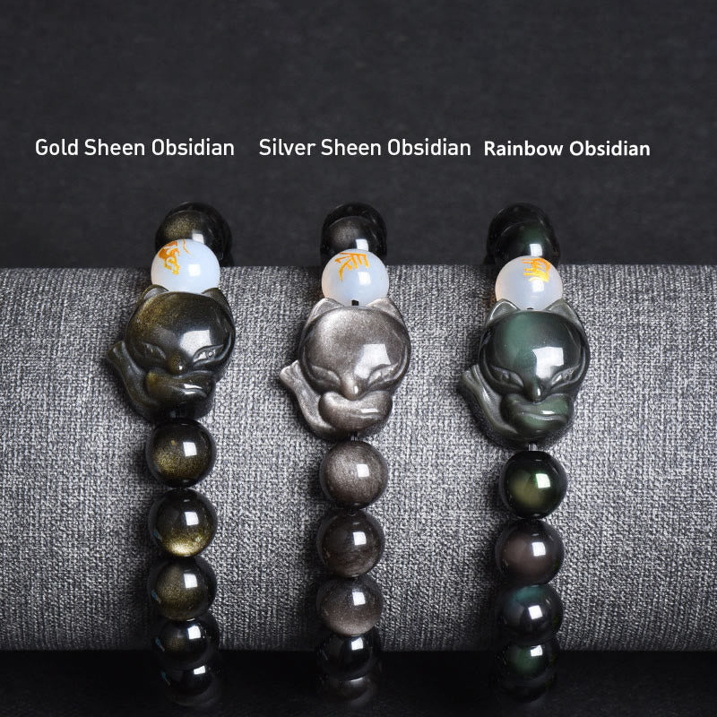 Mythstone Natural Rainbow Obsidian Gold Sheen Obsidian Silver Sheen Obsidian Fox Healing Bracelet