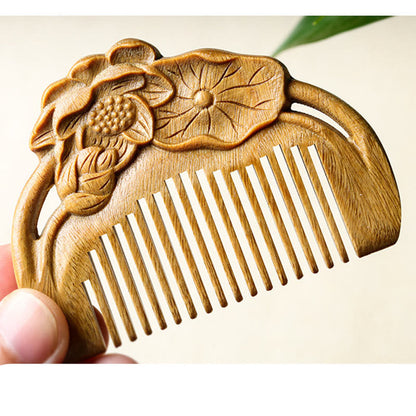 Mythstone Natural Green Sandalwood Lotus Flower Leaf Engraved Soothing Comb