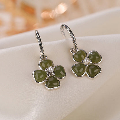 Mythstone 925 Sterling Silver Natural Cyan Jade Four Leaf Clover Luck Success Earrings