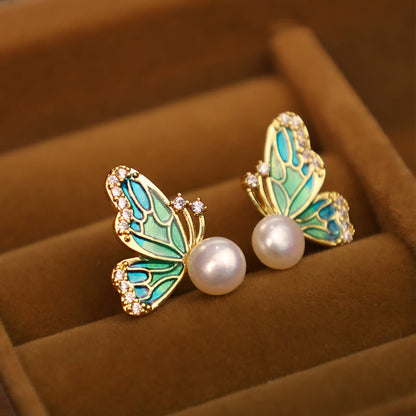 Mythstone 925 Sterling Silver Posts 18K Gold Plated Copper Natural Pearl Butterfly Healing Stud Earrings