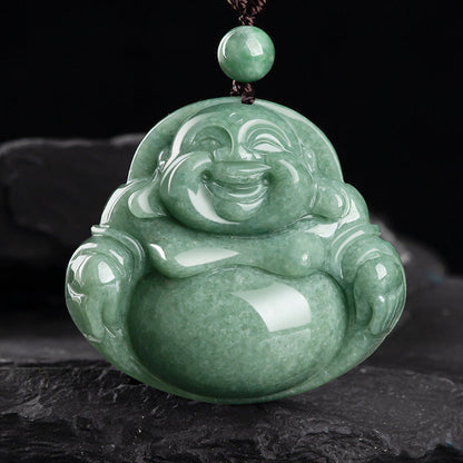 Mythstone Laughing Buddha Cyan Jade Harmony Necklace String Bead Pendant