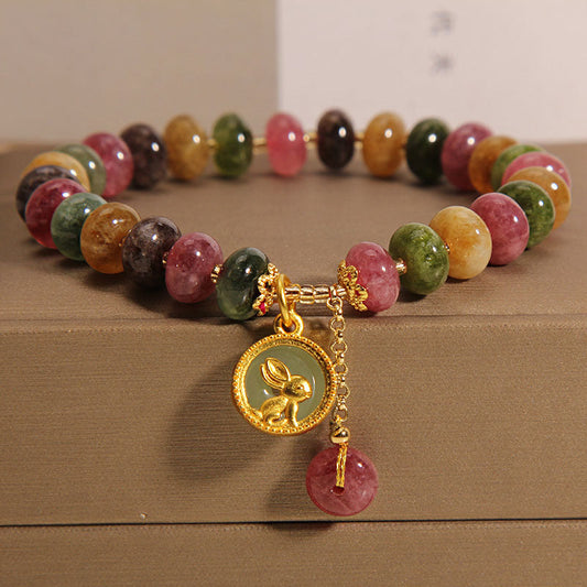 Mythstone Natural Colorful Tourmaline Cute Rabbit Charm Positive Bracelet