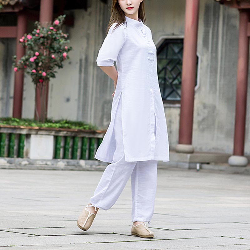 Mythstone 2Pcs Half Sleeve Shirt Top Pants Meditation Zen Tai Chi Linen Clothing Women's Set