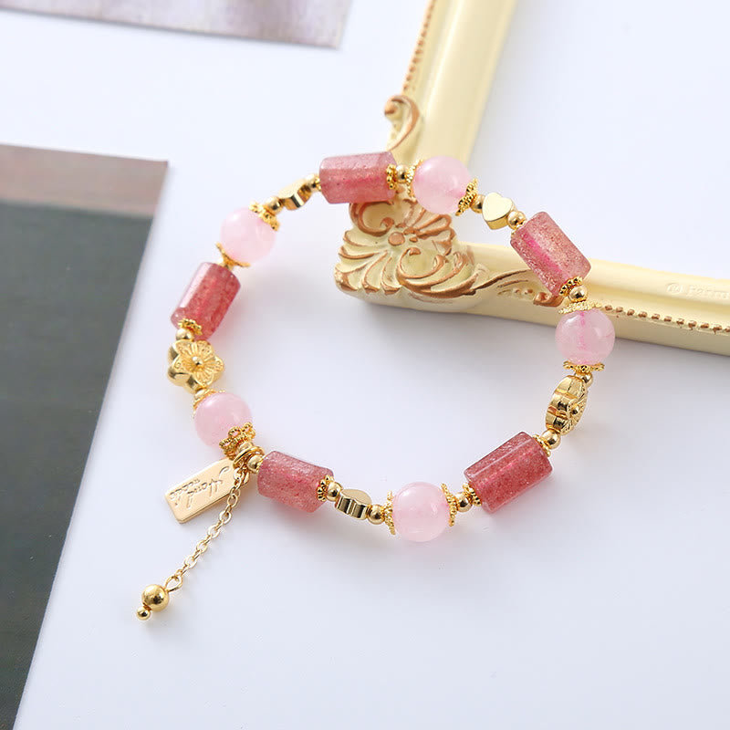 Mythstone Strawberry Quartz Pink Crystal Love Heart Flower Positive Bracelet