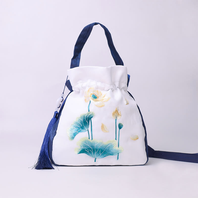 Mythstone Suzhou Embroidery Rabbit Lotus Epiphyllum Peony Magnolia Silk Tote Crossbody Bag Shoulder Bag Handbag