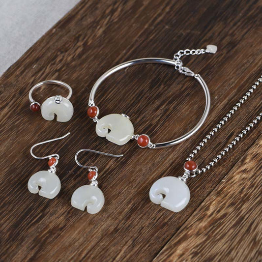 Mythstone 925 Sterling Silver Elephant Hetian Jade Abundance Necklace Pendant Bracelet Ring Earrings Set