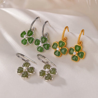 Mythstone 925 Sterling Silver Natural Cyan Jade Four Leaf Clover Luck Success Earrings