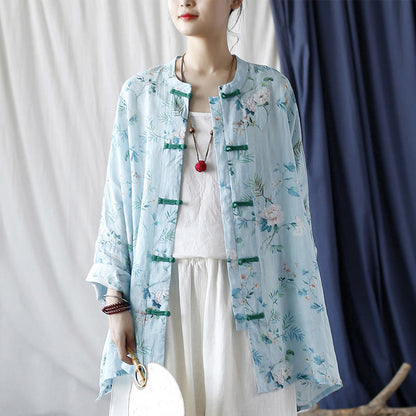 Mythstone Light Green Pink Flowers Green Leaves Frog-Button Long Sleeve Ramie Linen Jacket Shirt