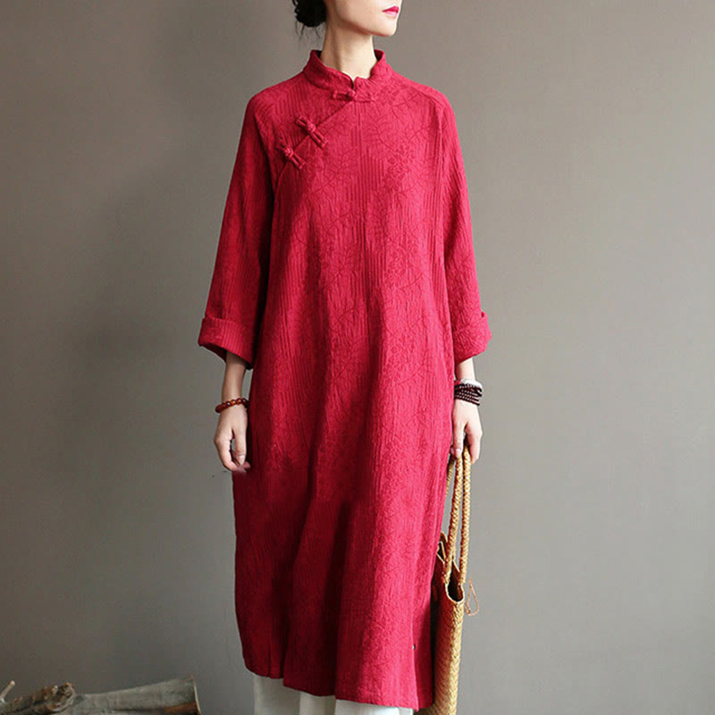 Mythstone Flower Jacquard Midi Dress Long Sleeve Cotton Linen Dress Wide Leg Pants With Pockets