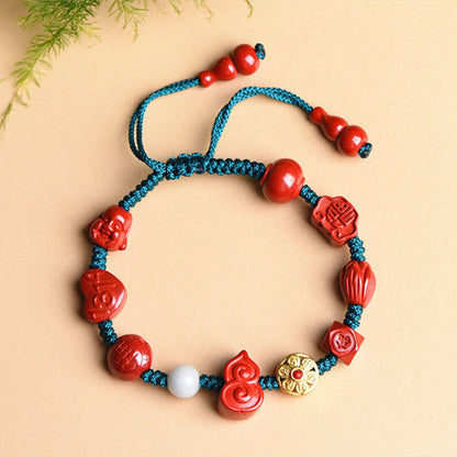 Mythstone Natural Cinnabar Gourd Om Mani Padme Hum Laughing Buddha Blessing String Bracelet