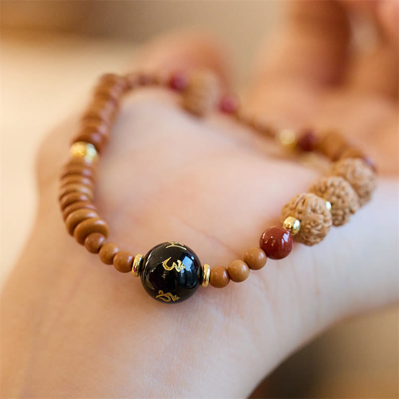 Mythstone Tibetan Bodhi Seed Black Onyx Smoky Quartz Om Mani Padme Hum Fu Character Wealth Bracelet