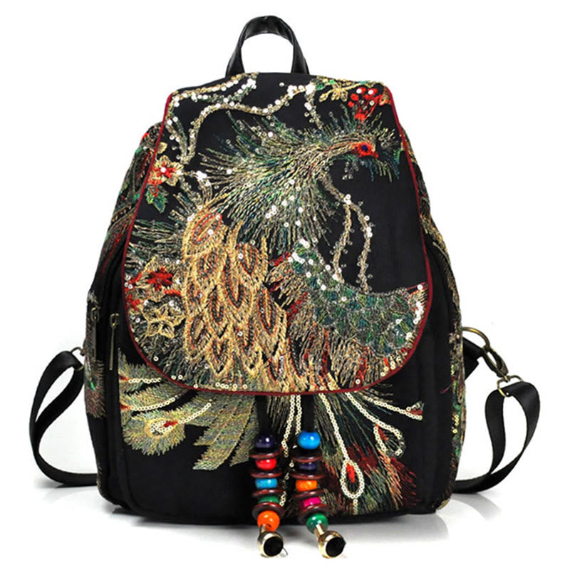 Mythstone Peacock Embroidery Canvas Tassel Backpack