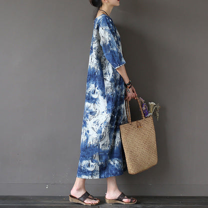 Vestido midi de lino y algodón con mangas tres cuartos y bolsillos con efecto tie dye de Mythstone Ink