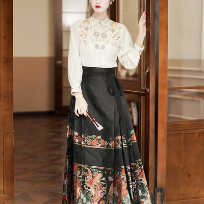 Mythstone Long Sleeve Shirt Embroidery Top Chinese Hanfu Phoenix Horse Face Skirt Mamianqun