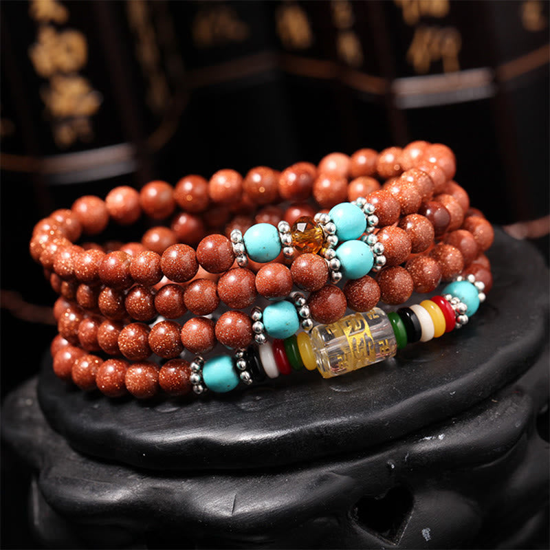 Mythstone 108 Mala Beads Goldstone Om Mani Padme Hum Swastika Confidence Bracelet