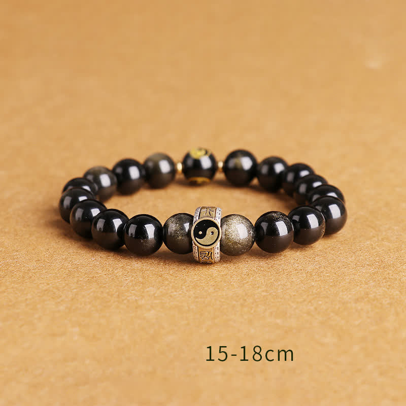 Mythstone 925 Sterling Silver Black Obsidian Gold Sheen Obsidian Silver Sheen Obsidian Yin Yang Protection Bracelet