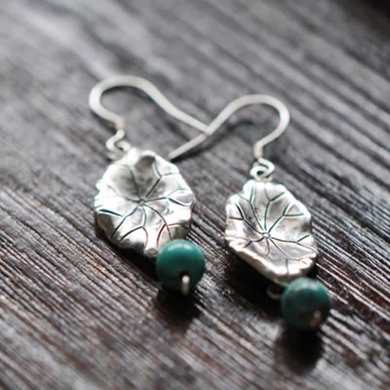 Mythstone 925 Sterling Silver Turquoise Lotus Leaf Protection Drop Dangle Earrings