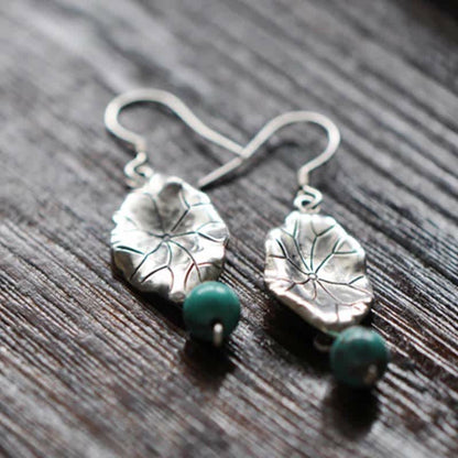 Mythstone 925 Sterling Silver Turquoise Lotus Leaf Protection Drop Dangle Earrings