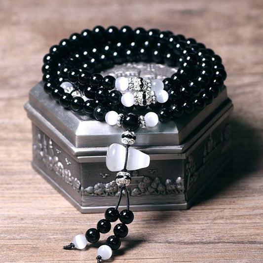 Mythstone Black Onyx White Crystal Bead Meditation Bracelet