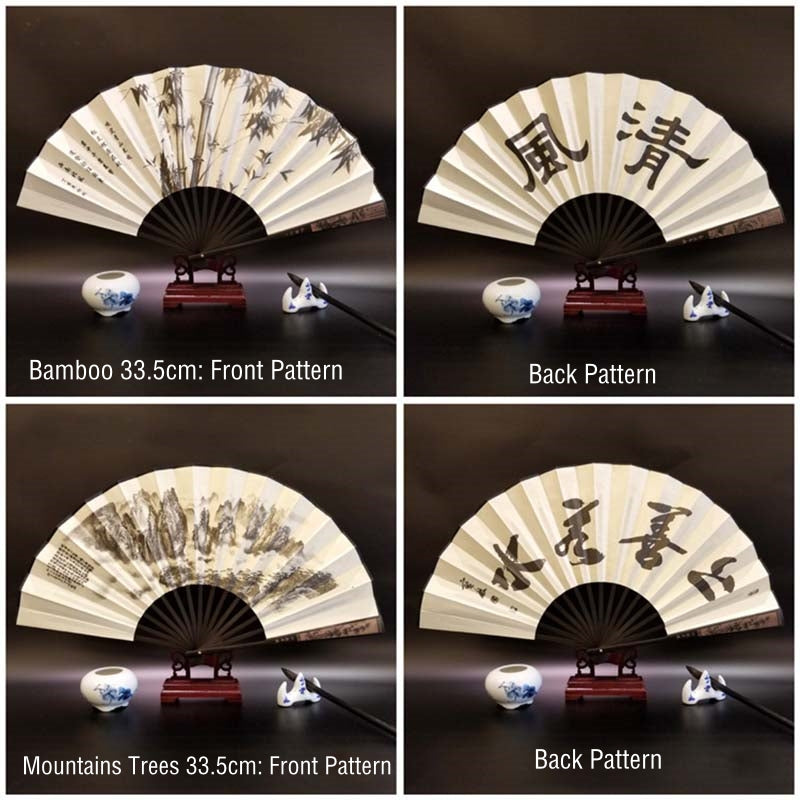 Mythstone Great Wall Mountains Trees Crane Bamboo Handheld Silk Bamboo Folding Fan 33.5cm