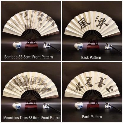 Mythstone Great Wall Mountains Trees Crane Bamboo Handheld Silk Bamboo Folding Fan 33.5cm