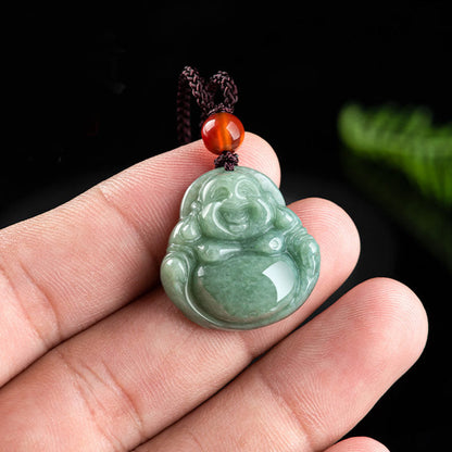 Mythstone Laughing Buddha Cyan Jade Success Necklace String Pendant