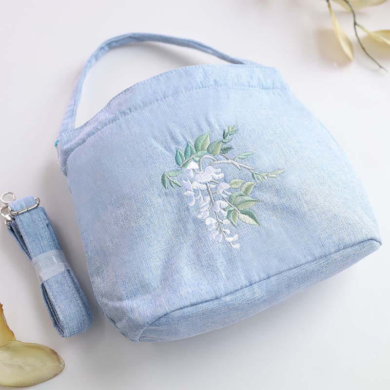 Mythstone Embroidery Wisteria Plum Lotus Cherry Blossom Cotton Linen Canvas Tote Crossbody Bag Shoulder Bag Handbag