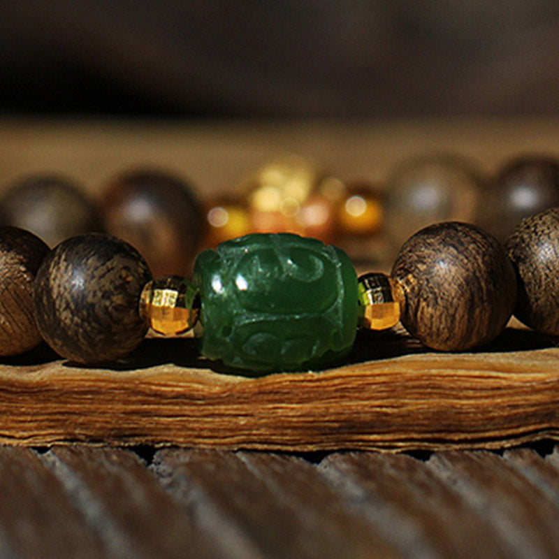 Mythstone 999 Gold Brunei Agarwood Cyan Jade Lotus Flower Peace Strength Bracelet