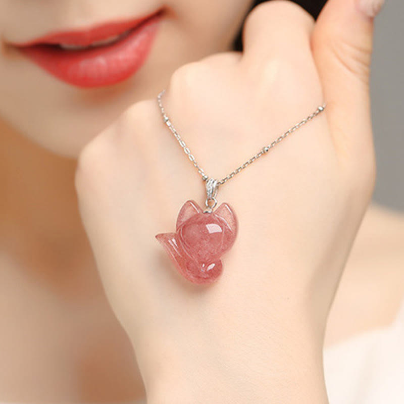 Mythstone 14k Gold Plated 925 Sterling Silver Strawberry Quartz Fox Healing Necklace Pendant