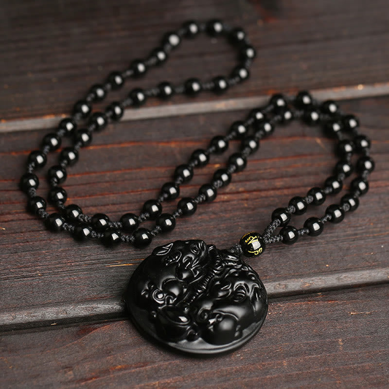 Mythstone Black Obsidian Double Pixiu Bead Rope Purification Necklace Pendant