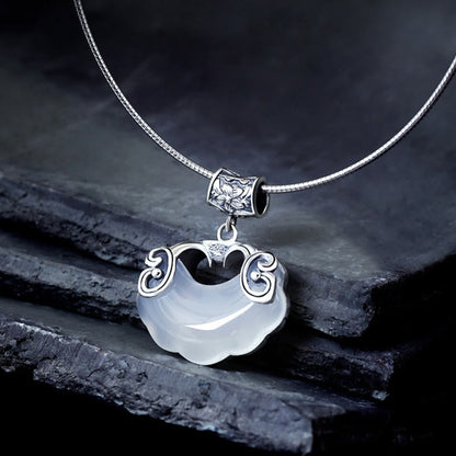 Mythstone 925 Sterling Silver Natural Chalcedony Lock of Good Wishes Koi Fish Luck Necklace Pendant