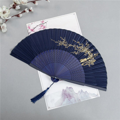 Mythstone Crane Dragonfly Lotus Peony Plum Blossom Butterfly Handheld Silk Bamboo Folding Fan 22.5cm