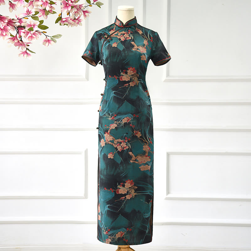 Mythstone Vintage Pink Flowers Print Cheongsam Dress Women's Qipao Dress