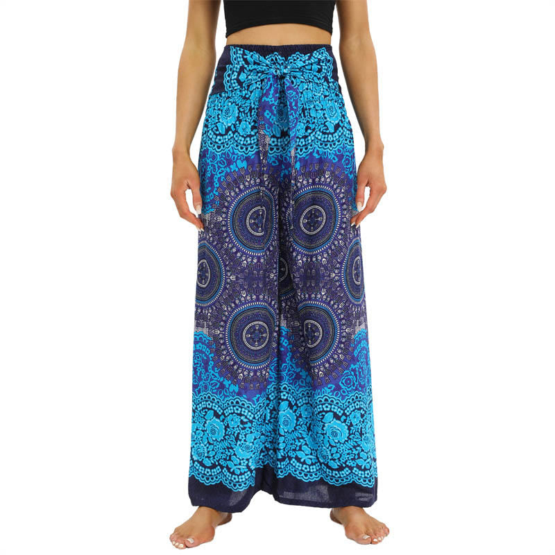 Mythstone Bohemian Mandala Flower Lace-up Wide Leg Pants Women's Yoga Pants