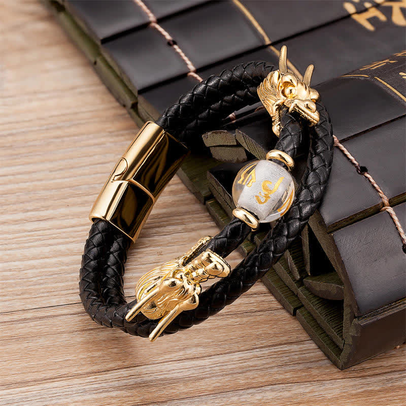 Mythstone Double Dragon Head Leather Stone Titanium Steel Success Bracelet