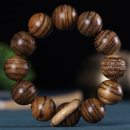 Mythstone Chinese Zodiac Rosewood Green Sandalwood Ebony Wood Copper Coin Carved Calm Bracelet